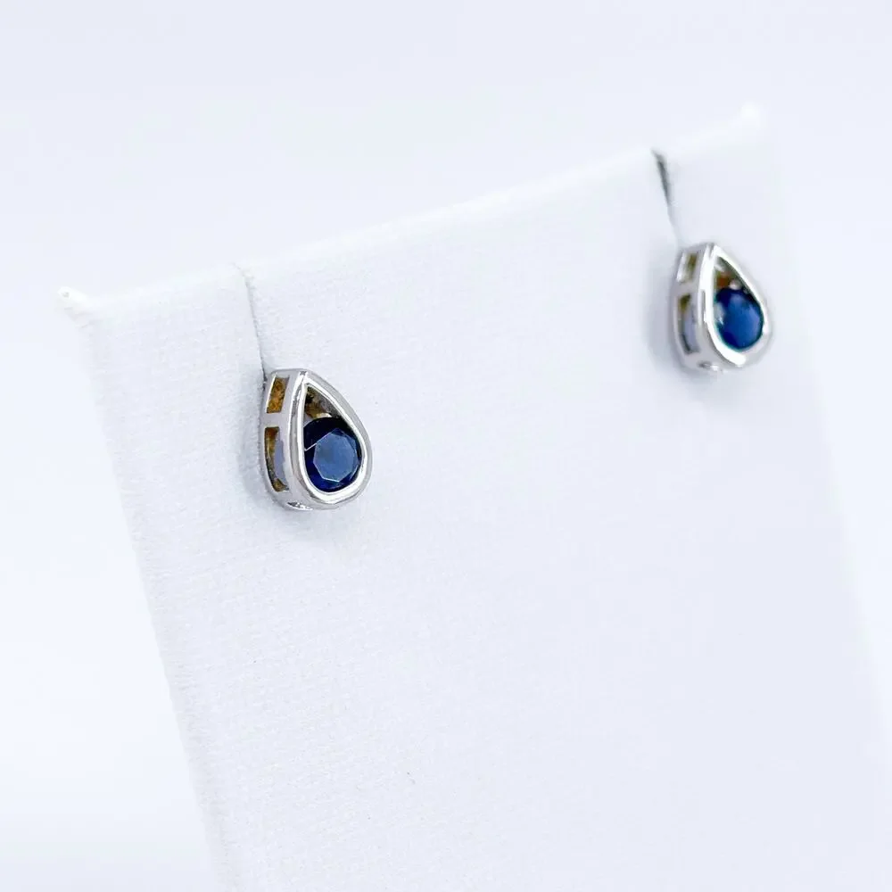 Blue Cubic Zirconia Teardrop Stud Earrings | Vintage Sterling Silver 925